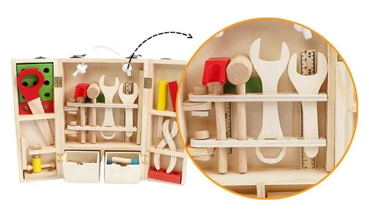 خشبية التظاهر أداة مربع لعبة أطفال لعب دور . Wooden Pretend Tool Box Toy Kids Role Play