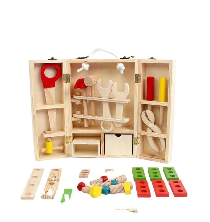 خشبية التظاهر أداة مربع لعبة أطفال لعب دور . Wooden Pretend Tool Box Toy Kids Role Play