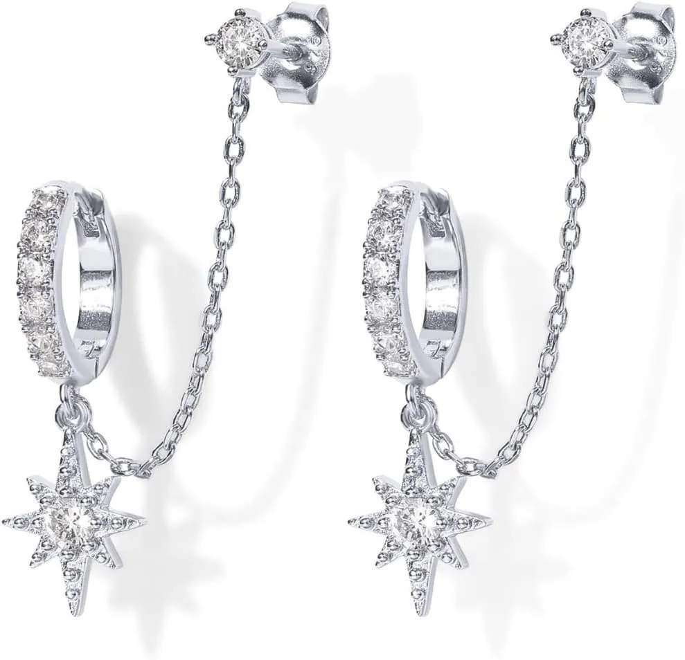 1 Pair Dainty Six Pointed Star Earring Set Brass 14K Gold Plated Inlaid Cubic Zirconia Hinge Hoop Hypoallergenic Earrings for Women