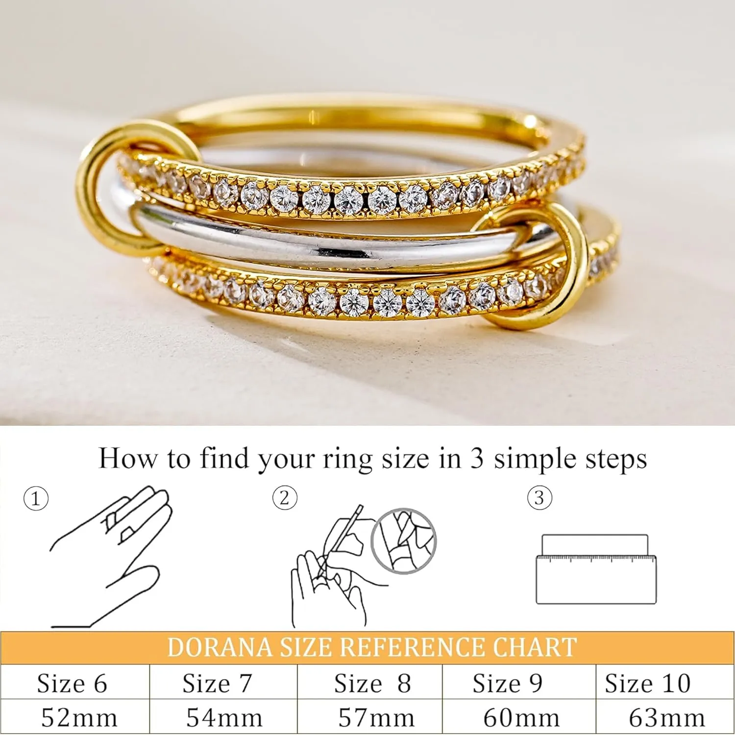 14K Gold Plated Stackable Rings,3 CZ Cubic Zirconia Ring Set,Silver & Gold Stacking Rings, Multi-Link Connected,Statement Interlocking Band for Women, Hypoallergenic, Non Tarnish wedding ring
