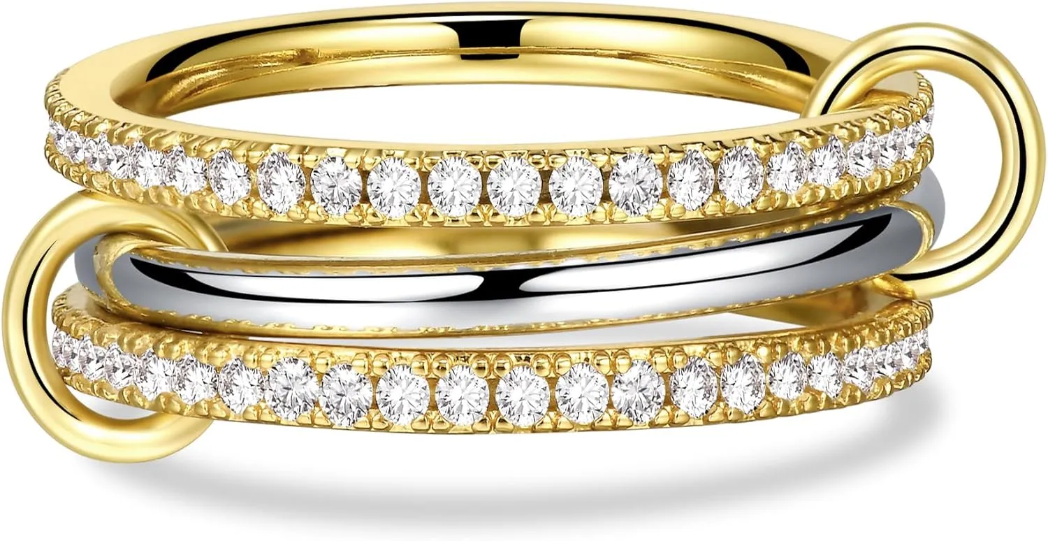 14K Gold Plated Stackable Rings,3 CZ Cubic Zirconia Ring Set,Silver & Gold Stacking Rings, Multi-Link Connected,Statement Interlocking Band for Women, Hypoallergenic, Non Tarnish wedding ring