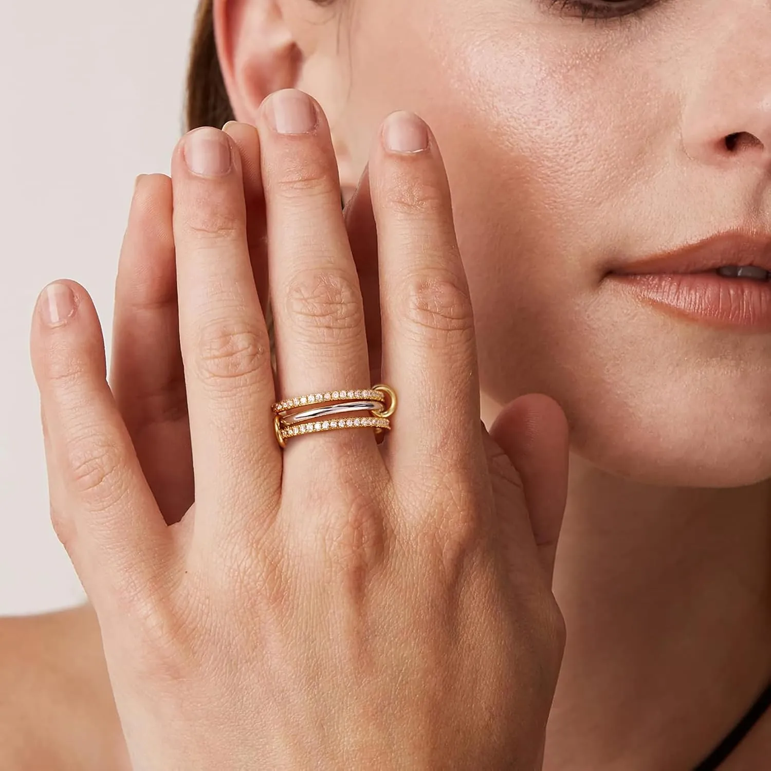 14K Gold Plated Stackable Rings,3 CZ Cubic Zirconia Ring Set,Silver & Gold Stacking Rings, Multi-Link Connected,Statement Interlocking Band for Women, Hypoallergenic, Non Tarnish wedding ring