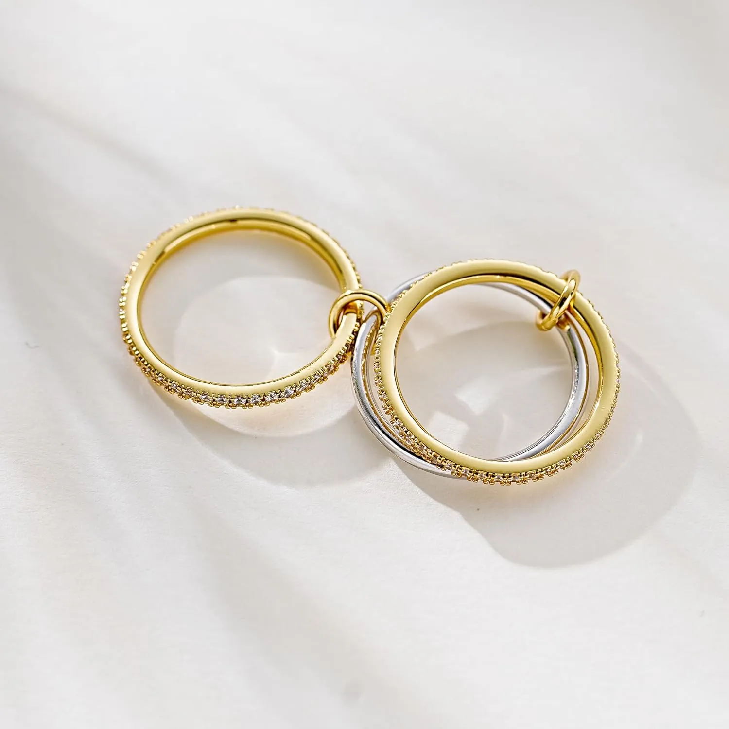 14K Gold Plated Stackable Rings,3 CZ Cubic Zirconia Ring Set,Silver & Gold Stacking Rings, Multi-Link Connected,Statement Interlocking Band for Women, Hypoallergenic, Non Tarnish wedding ring