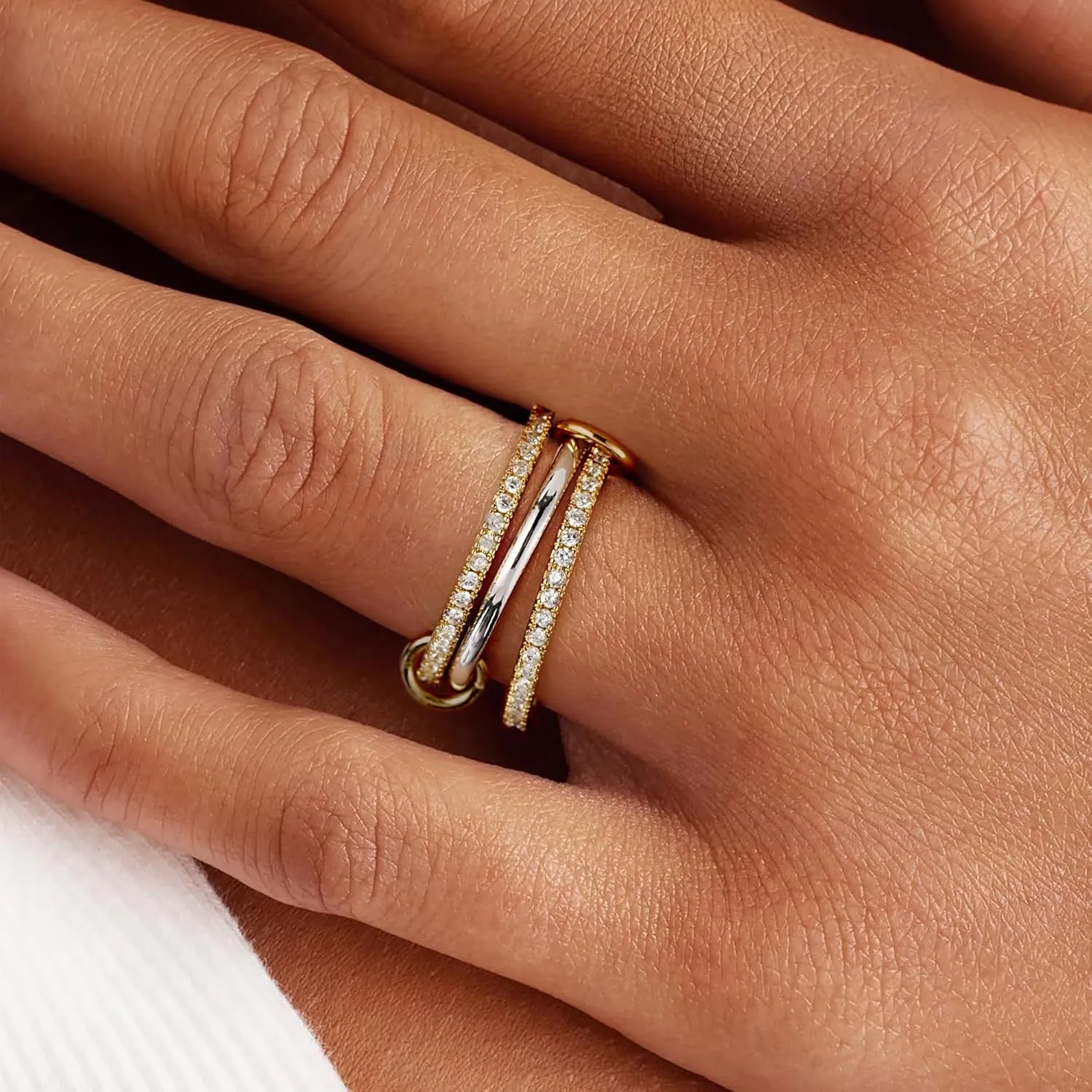 14K Gold Plated Stackable Rings,3 CZ Cubic Zirconia Ring Set,Silver & Gold Stacking Rings, Multi-Link Connected,Statement Interlocking Band for Women, Hypoallergenic, Non Tarnish wedding ring