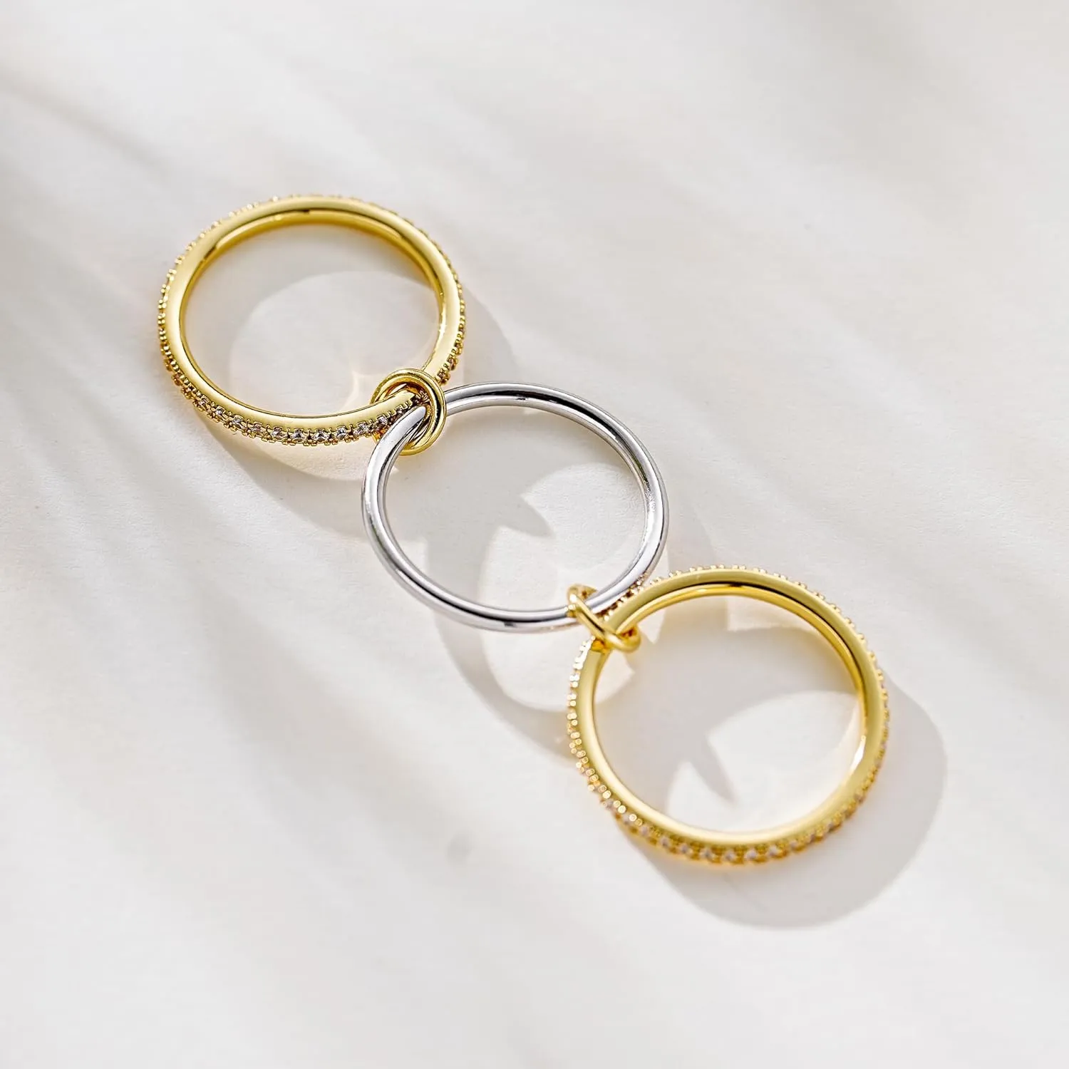 14K Gold Plated Stackable Rings,3 CZ Cubic Zirconia Ring Set,Silver & Gold Stacking Rings, Multi-Link Connected,Statement Interlocking Band for Women, Hypoallergenic, Non Tarnish wedding ring