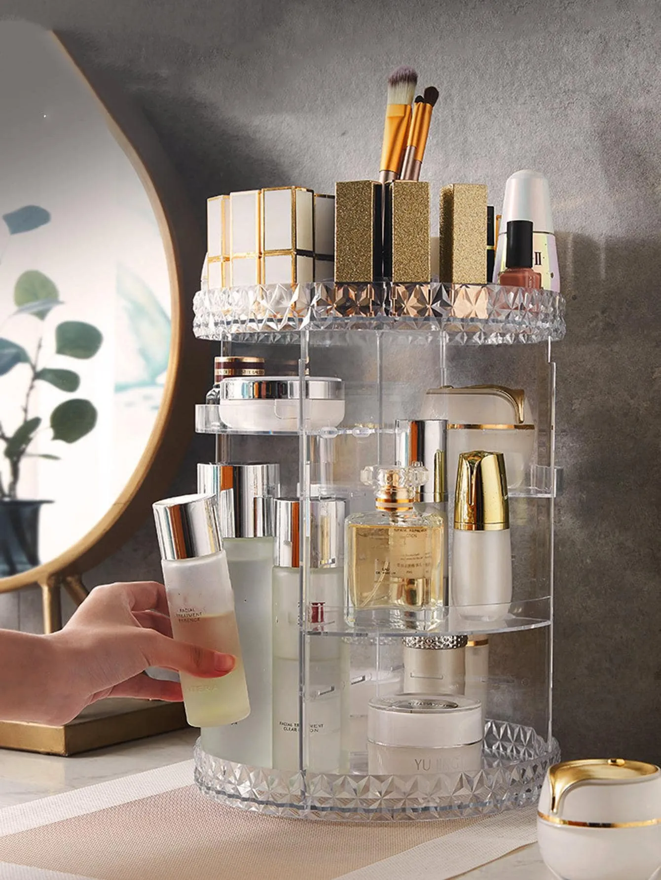 1pc PMMA Cosmetic Storage Box, Multifunction Clear Large Capacity Rotatable Makeup Storage Box For Home