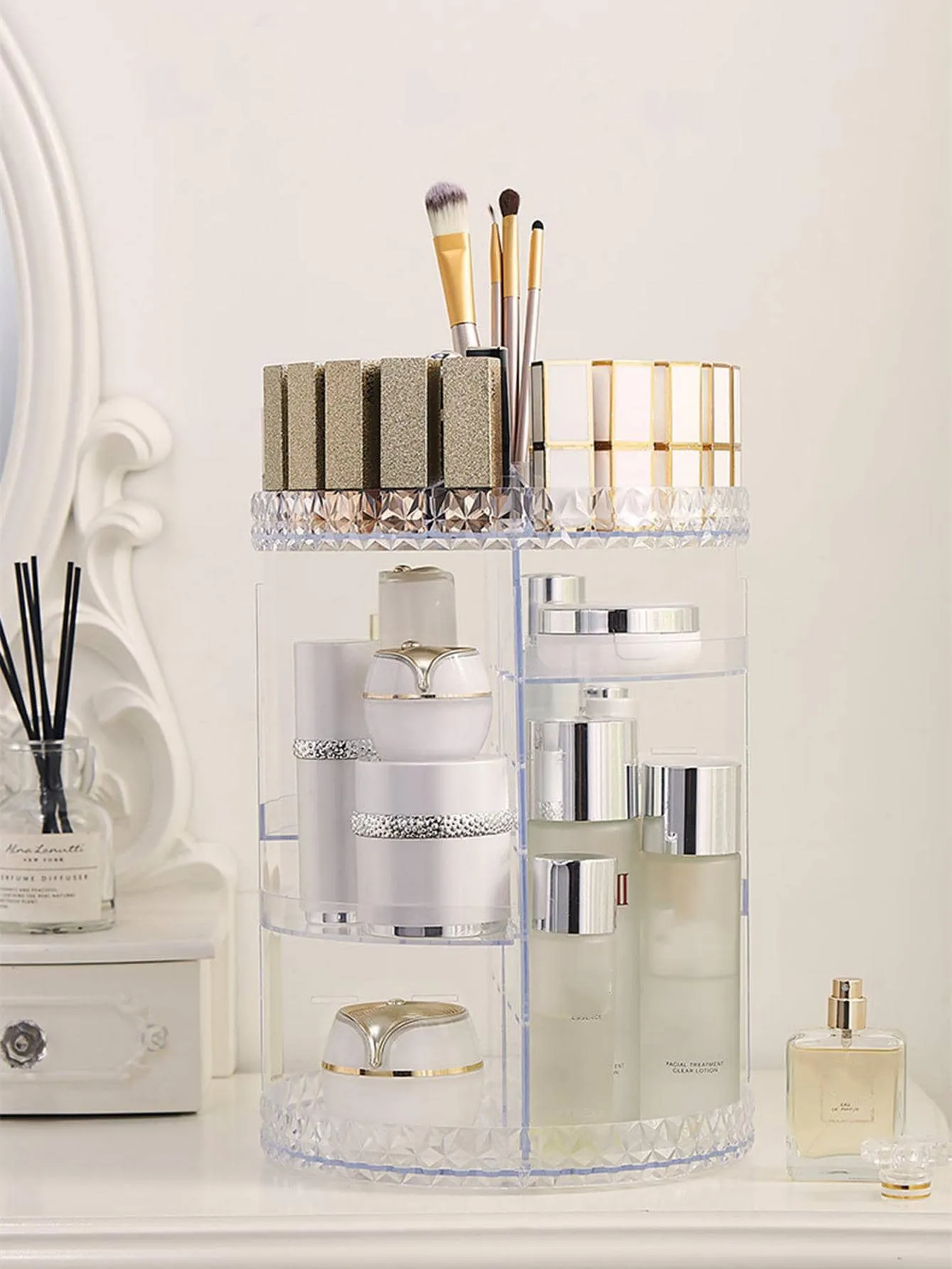 1pc PMMA Cosmetic Storage Box, Multifunction Clear Large Capacity Rotatable Makeup Storage Box For Home