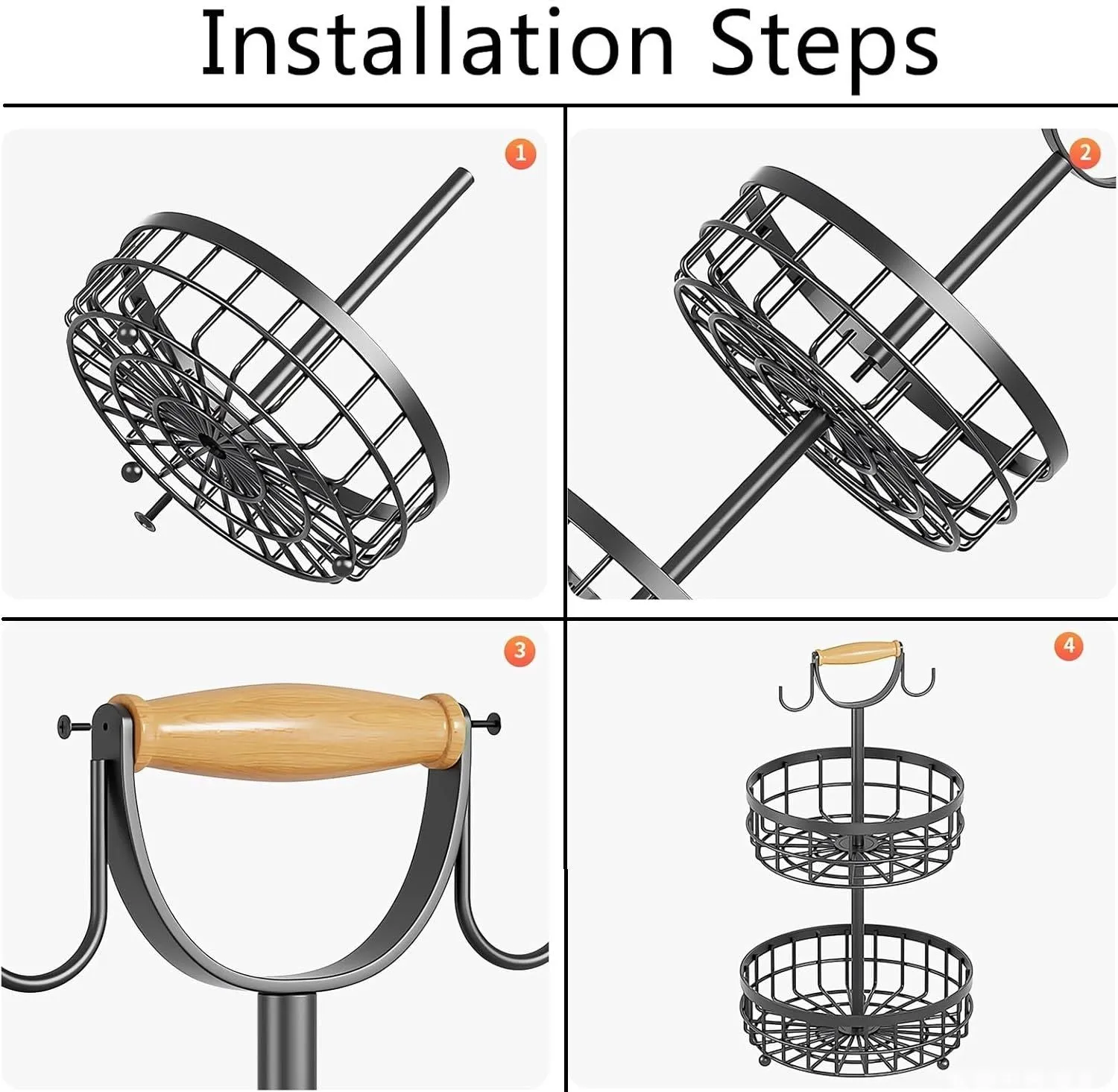 2-Tier Fruit Basket Bowl Storage | Wood Lift Handle & Dual Banana Tree Hanger for Kitchen Countertop