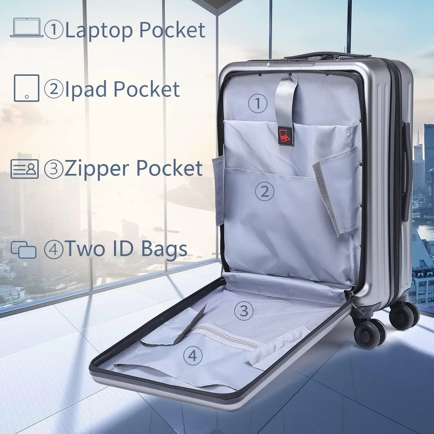 20 Inch Carrry On Luggage with Front Zipper Pocket, 45L, Lightweight ABS PC Hardshell Suitcase with TSA Lock & Spinner Silent Wheels, Convenient for Business Trips, Gray