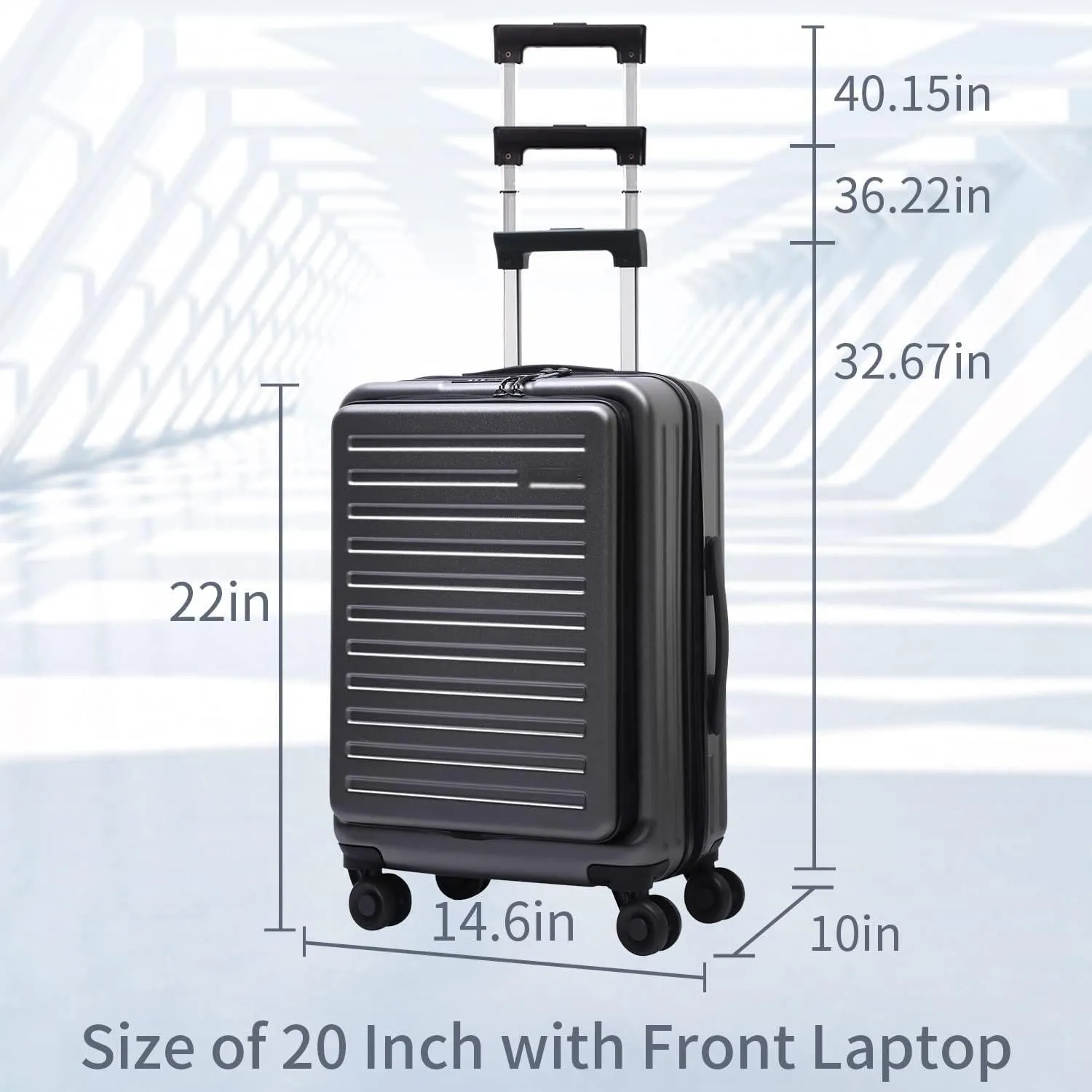 20 Inch Carrry On Luggage with Front Zipper Pocket, 45L, Lightweight ABS PC Hardshell Suitcase with TSA Lock & Spinner Silent Wheels, Convenient for Business Trips, Gray