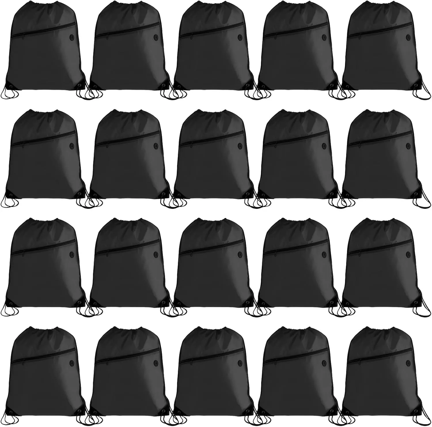 20PCS Drawstring Bag Sports Gym String Backpack Bulk Cinch Bag Sackpack with 2 layer Zip pocket for Yoga Gym Traveling (20, black)