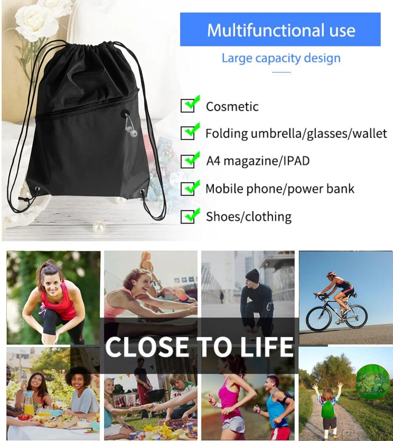 20PCS Drawstring Bag Sports Gym String Backpack Bulk Cinch Bag Sackpack with 2 layer Zip pocket for Yoga Gym Traveling (20, black)