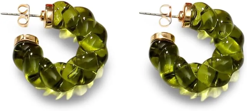 26mm Green Resin C-Shape Twisted Hoop Earrings for Women, Minimalist Design with Gold-Tone Accents