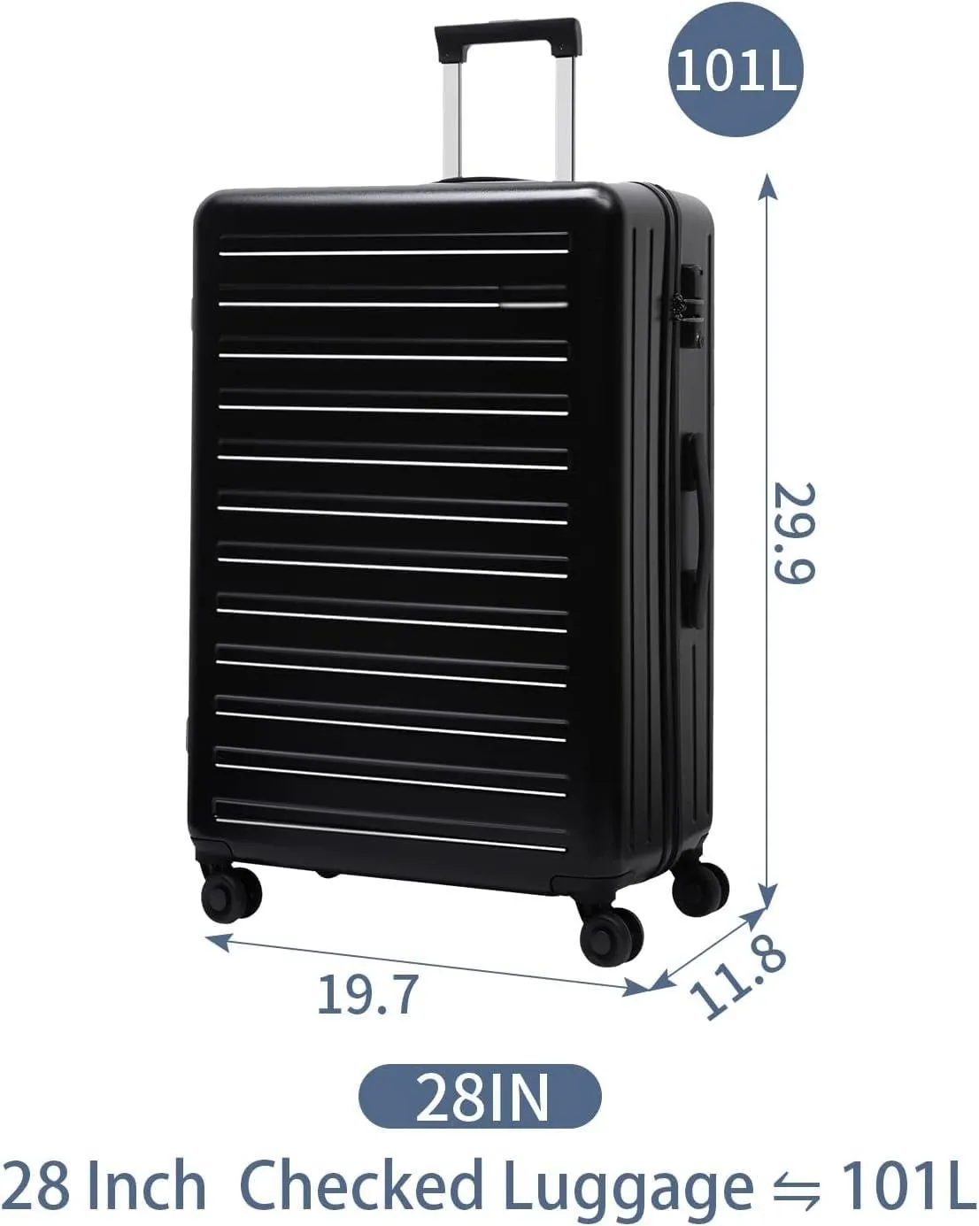 28 Inch Checked Luggage, Lightweight ABS PC Hardshell Suitcase with TSA Lock & Spinner Silent Wheels, Large Size with 101L Capacity, Convenient for Trips, Black