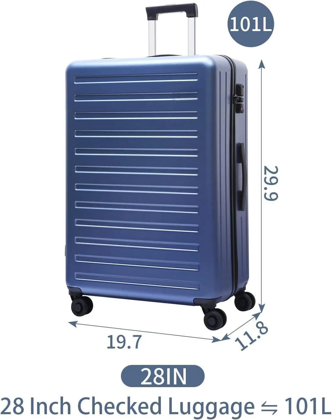 28 Inch Checked Luggage, Lightweight ABS PC Hardshell Suitcase with TSA Lock & Spinner Silent Wheels, Large Size with 101L Capacity, Convenient for Trips, Ice Blue
