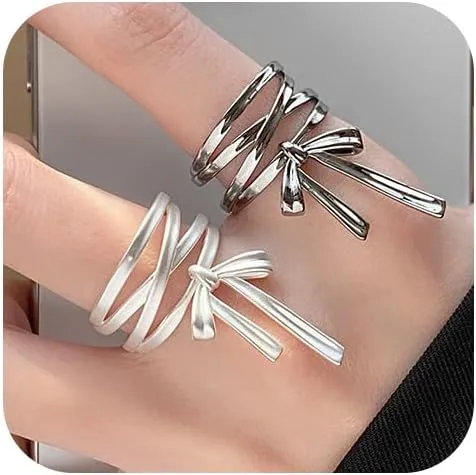 2Pcs Bow Rings for Women Black Silver Ribbon Bowknot Statement Rings Elegant Sweet Wide Rings Adjustable Open Ring Fashion Intertwined Crossover Stacking Rings Cute Christmas Birthday Gift