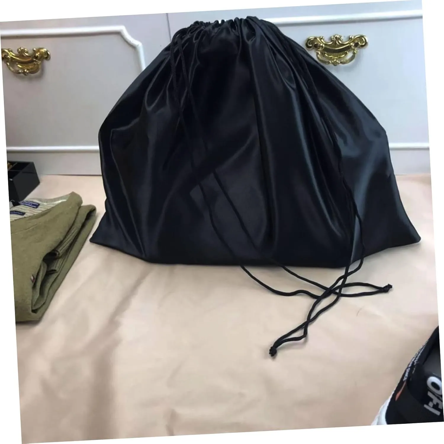2pcs Fashion Storage Bag Dustproof Drawstring Pouch for Household Large Capacity Black Silk Fabric