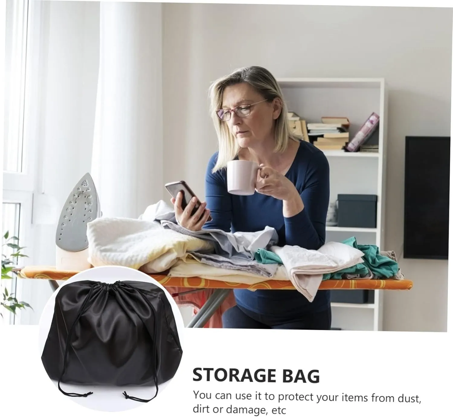 2pcs Fashion Storage Bag Dustproof Drawstring Pouch for Household Large Capacity Black Silk Fabric