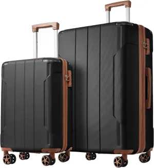 2pcs Hardshell Abs Lightweight Luggage Set (20  & 28 )  Expandable, Double Spinner Wheels, Carry-on Suitcases In Black/Brown  Durable Travel Bags (Black Brown)