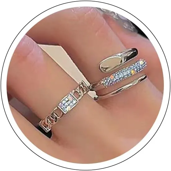 2Pcs Y2k Rings for Women Silver Cuff Link Ring Punk Goth Statement Rings Adjustable Open Ring Set Wide Trinity Rolling Rings Fashion Irregular Stacking Thumb Rings Cute Christmas Birthday Gift