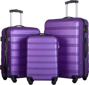 3 Piece Luggage Set for Travel, Lightweight & Durable Hardside Spinner Suitcases, 20" 24" 28", Purple