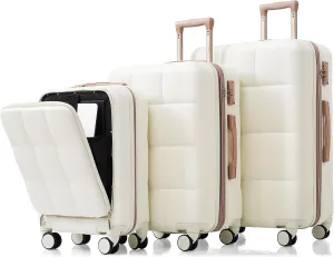 3 Piece Luggage Set with USB Port and Front Opening Design, Durable ABS Hard Shell Suitcases with Spinner Wheels, White