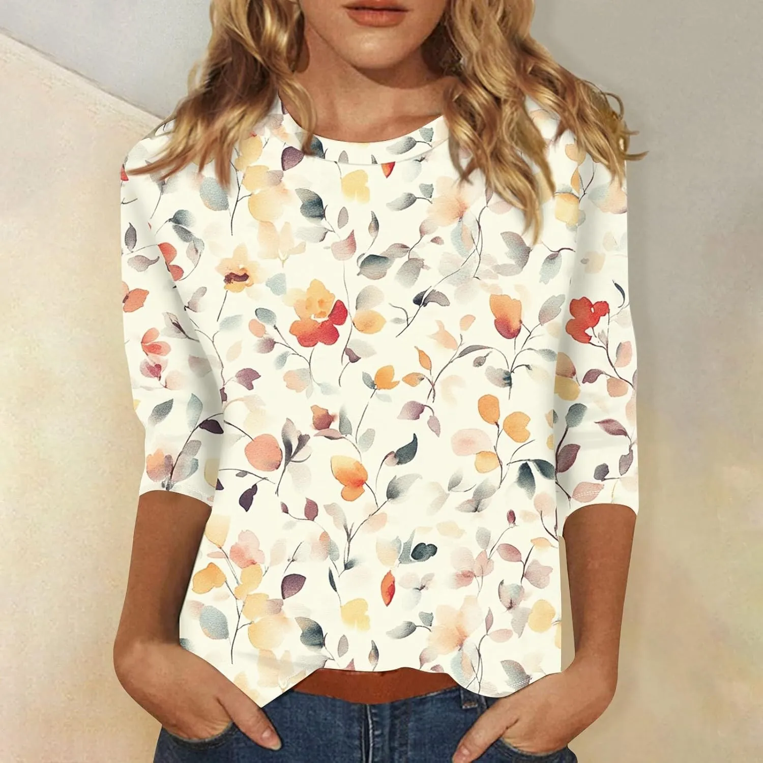 3/4 Length Sleeve Shirts for Women Floral Print Tees Blouses Crewneck Loose Casual Plus Size Tops T Shirts