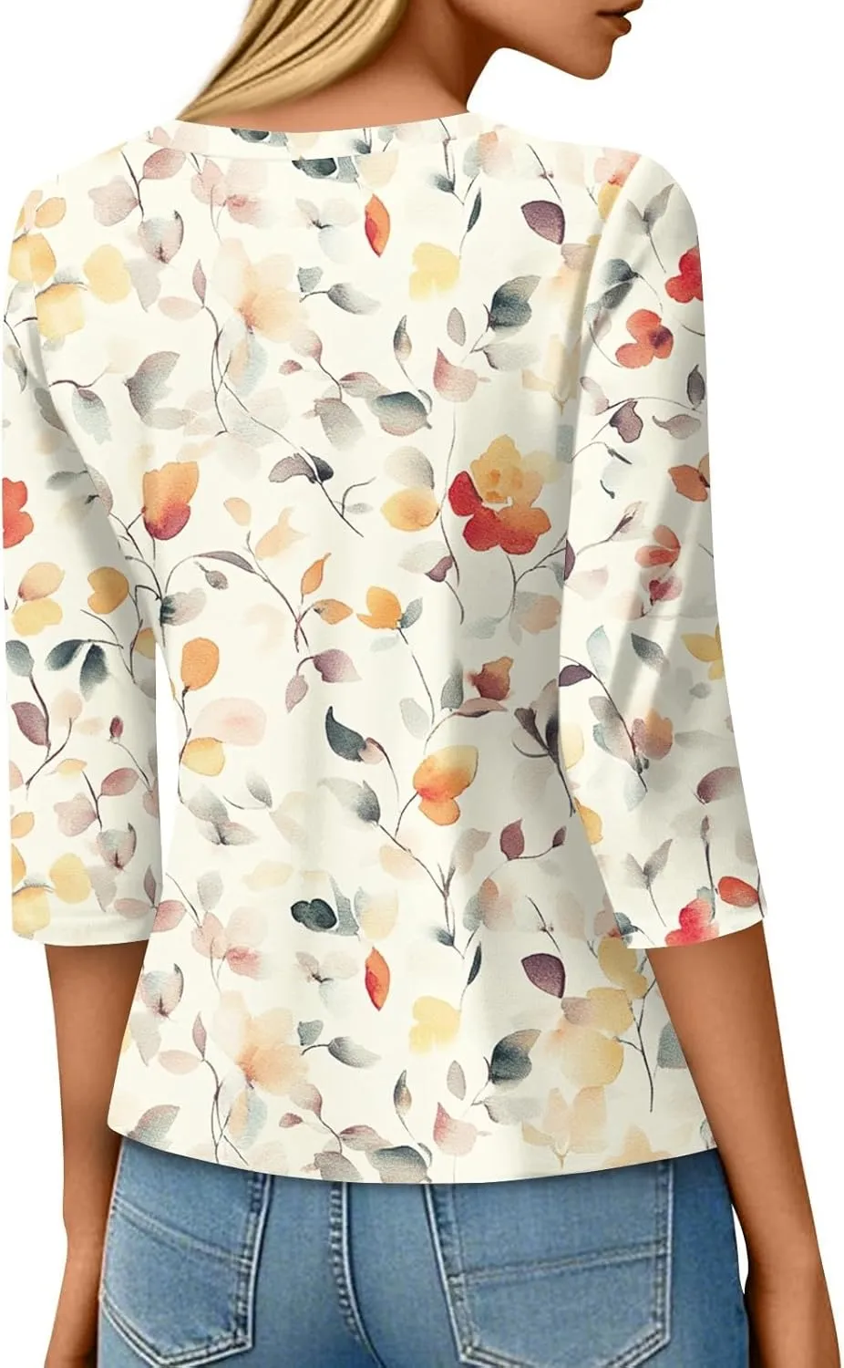 3/4 Length Sleeve Shirts for Women Floral Print Tees Blouses Crewneck Loose Casual Plus Size Tops T Shirts