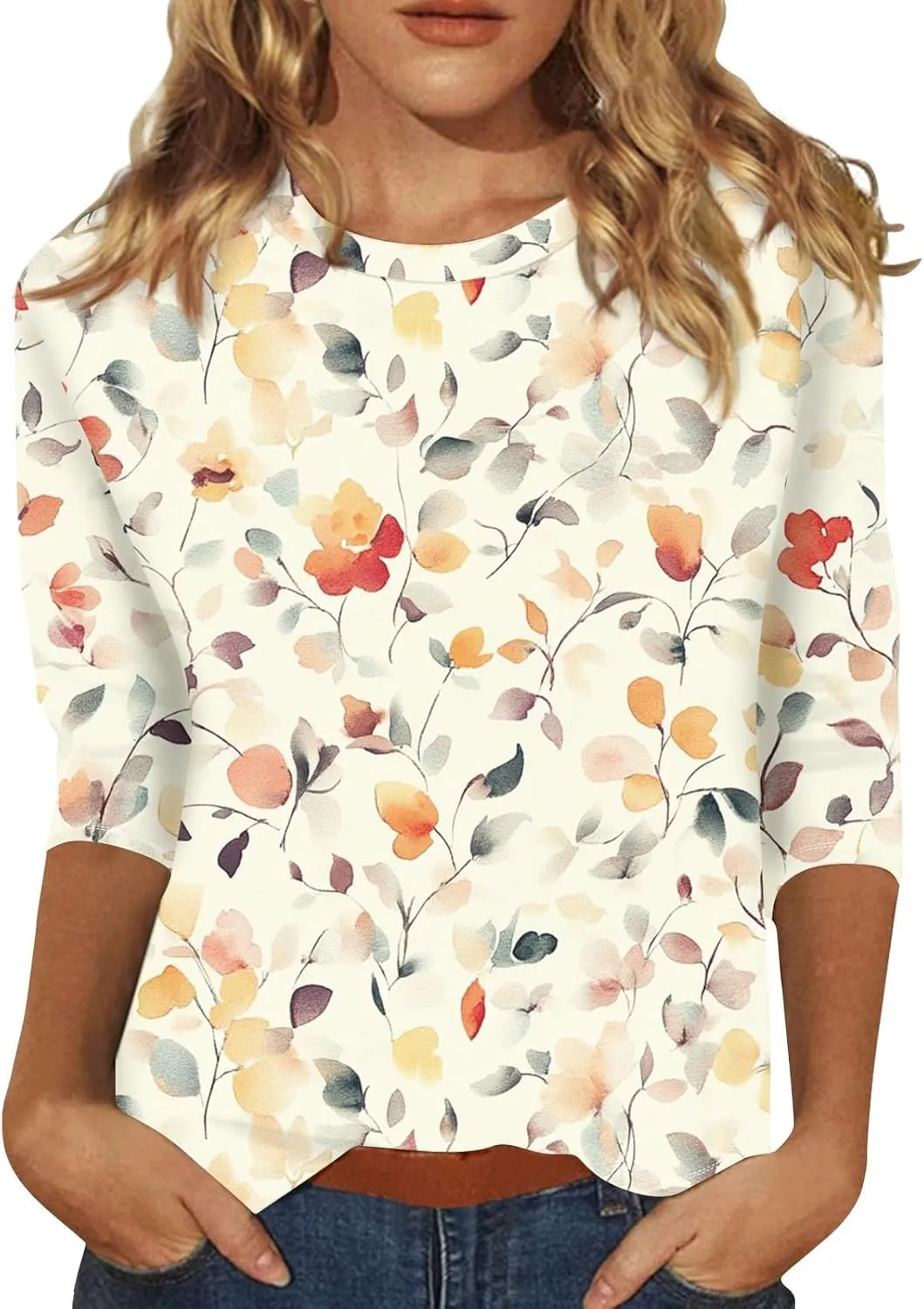 3/4 Length Sleeve Shirts for Women Floral Print Tees Blouses Crewneck Loose Casual Plus Size Tops T Shirts