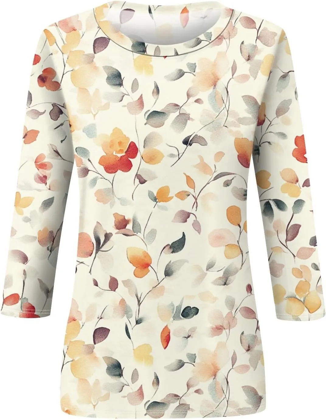 3/4 Length Sleeve Shirts for Women Floral Print Tees Blouses Crewneck Loose Casual Plus Size Tops T Shirts