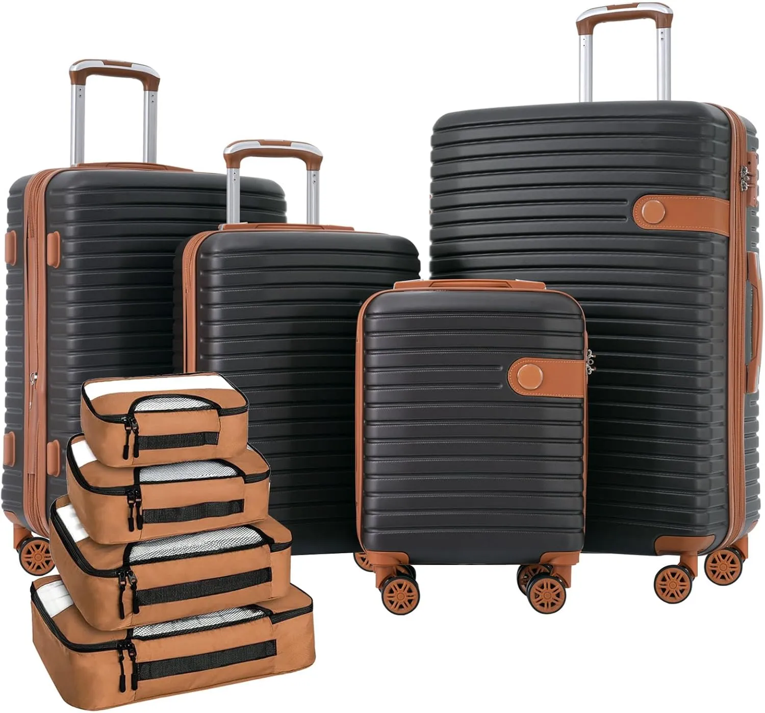 4 Piece Lightweight Expandable Luggage Set with Packing Cubes, Coffee Color, Durable Hard Shell and Spinner Wheels