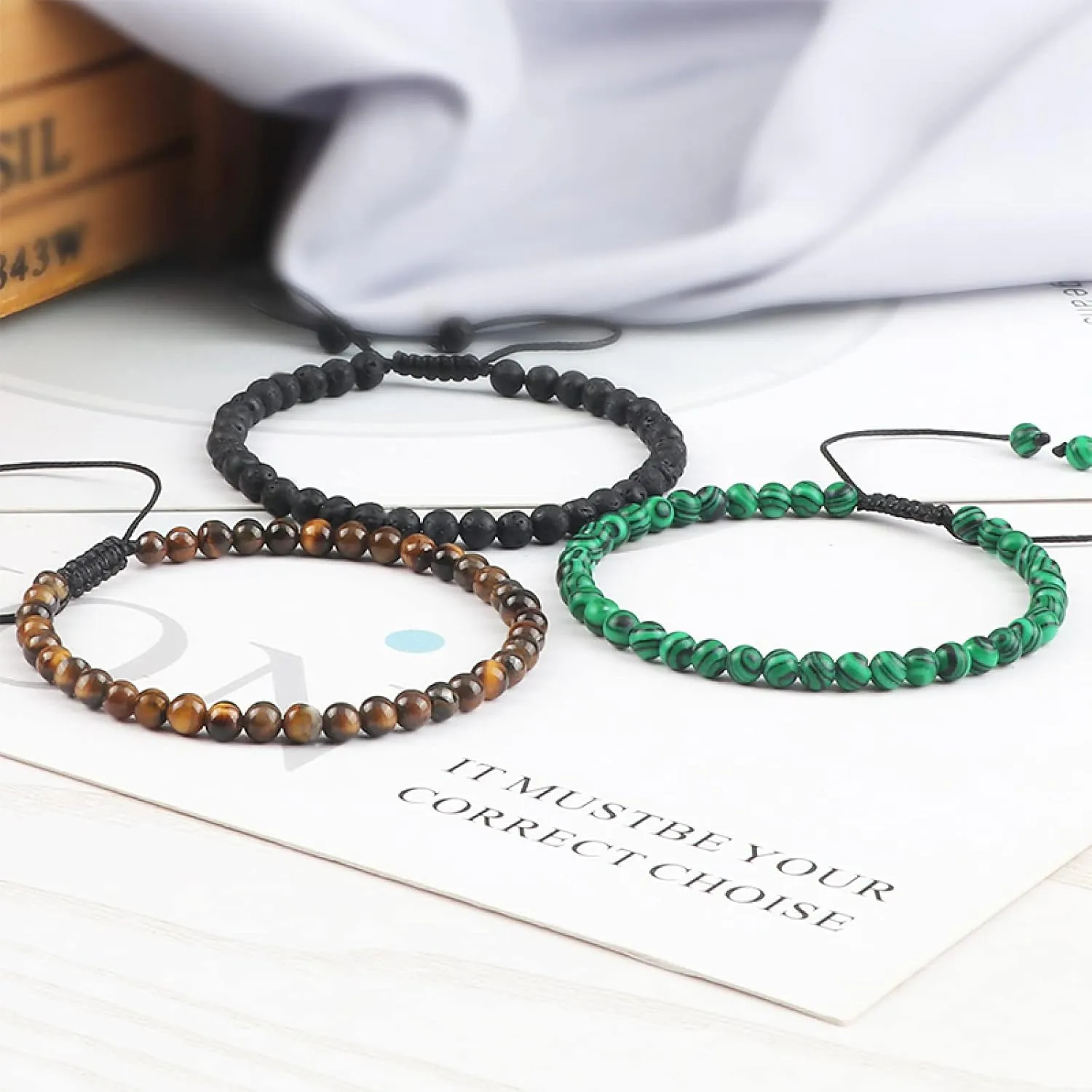 4mm Stone Beads Adjustable Bracelet for Men Natural Tiger Eye Lava Chalcedony Onyx Woven Bracelets Women Yoga Jewelry