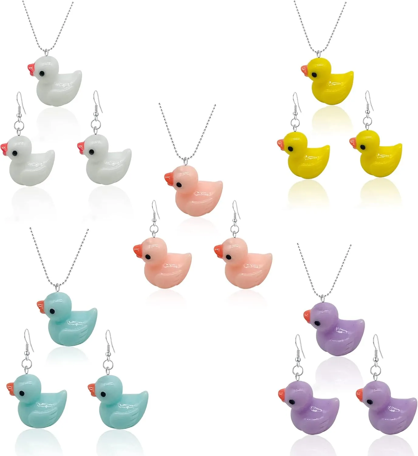 5 Pairs Weird Rein Cute Yellow Duck Drop Earring Necklace Set Funny Kawaii for Women Jewelry Lovely Duck Animal Dangle Earring Set Statement