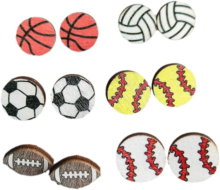 6 Pairs Sport Stud Earrings Cute Basketball Volleyball Baseball Football Rugby Lightweight Wooden Sport Earrings for Women Mother's Day Gift