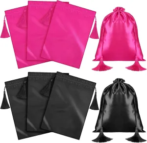 6-Piece Satin Wig Pouches - Soft Drawstring Bags with Tassels for Wigs, Bundles & Extensions - Home & Salon Use, Black, Rose Red