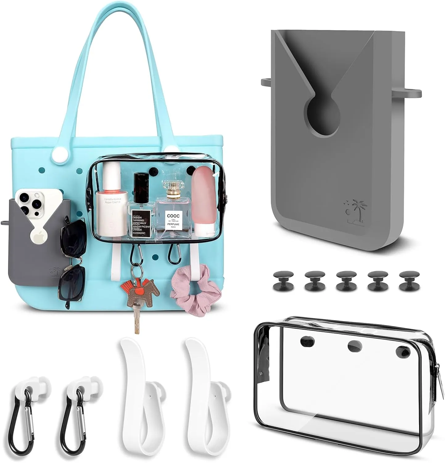 6PCS Accessories for Medium XL Bogg Bag,Can Be Installed Inside and Outside the Beach Bag.Includes Silicone Phone Holder,PVC Insert Bag,Hooks,and Keychain