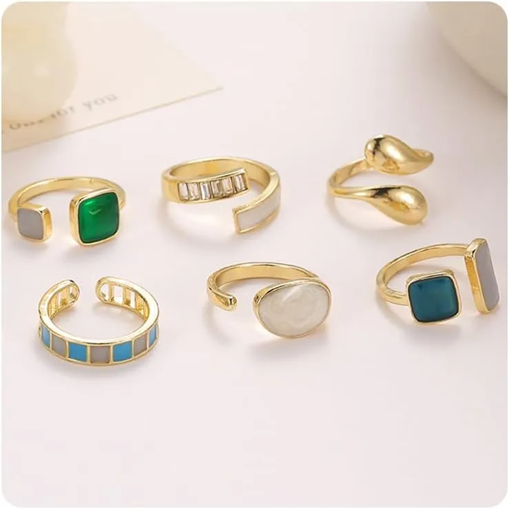 6Pcs Green Enamel Rings for Women Vintage Chunky Twist Stackable Rings Gold Adjustable Open Cubic Zirconia Statement Ring Set Boho Stacking Knuckle Ring Trendy Birthday Christmas Jewelry Gift