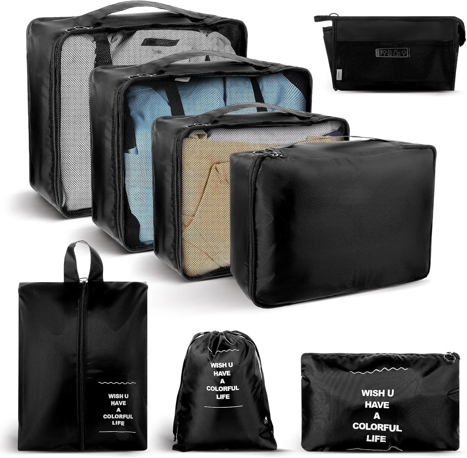 8 Set Packing Cubes Carry on Luggage Toiletry Bags Sturdy Suitcase Organizer for Cruise Ship Travel Essentials Accessories in 4 Size (Extra Large Large Medium Small), Black