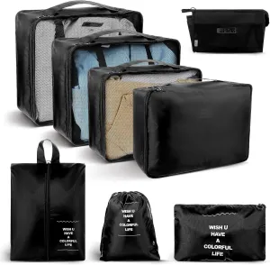 8 Set Packing Cubes Carry on Luggage Toiletry Bags Sturdy Suitcase Organizer for Cruise Ship Travel Essentials Accessories in 4 Size (Extra Large Large Medium Small), Black