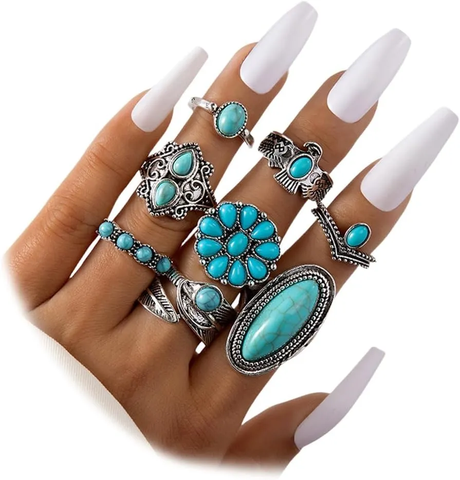 8Pcs Western Turquoise Flower Statement Rings Set for Women Exaggerated Oval Natural Stone Stackable Knuckle Ring Vintage Stack Finger Jewelry Gifts