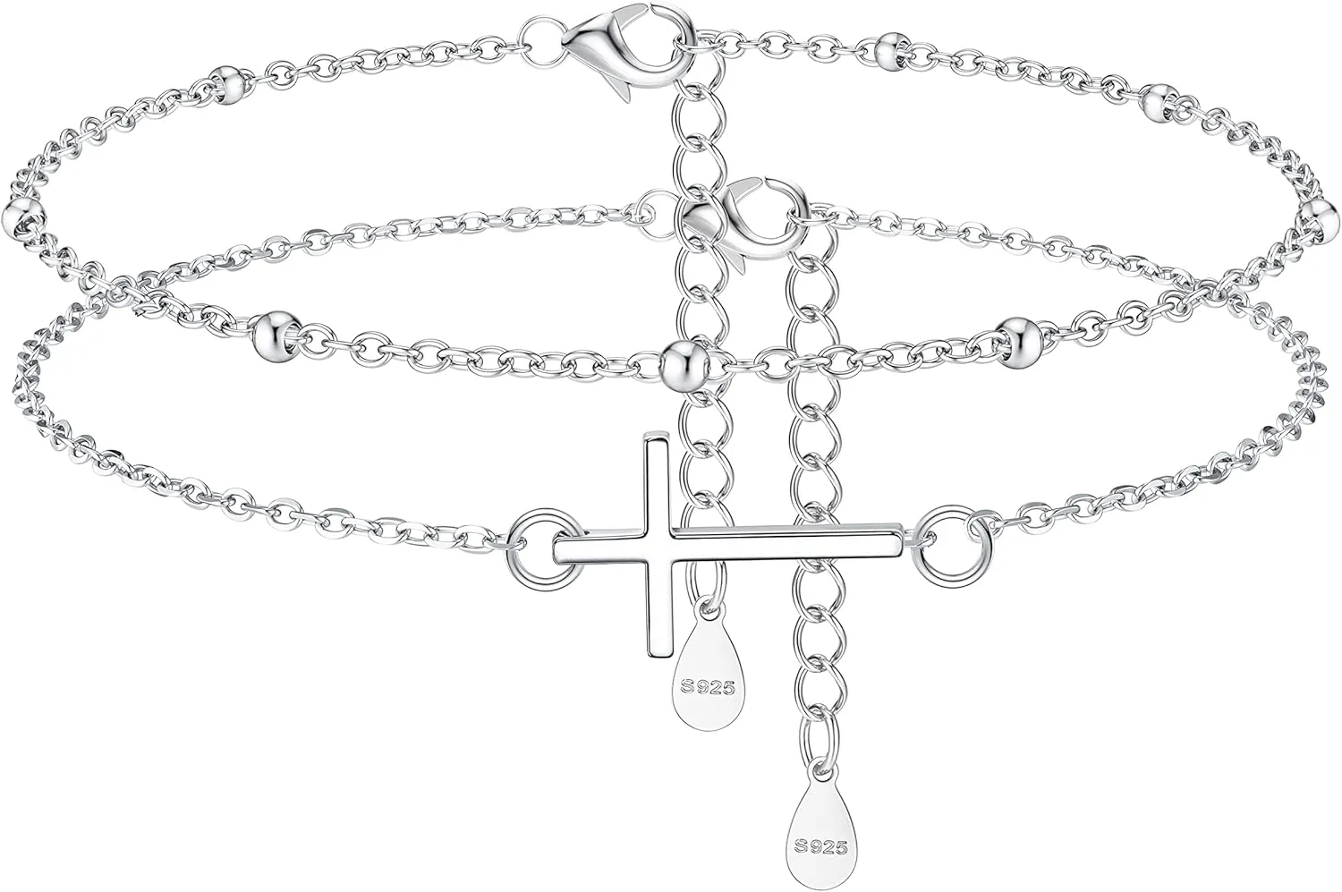 925 Sterling Silver Cross Evil Eye Anklets For Women White Gold Plated Ankle Bracelets Dainty Adjustable Layered Cross Evil Eye Beaded Chain Anklets Summer Beach Foot Jewelry