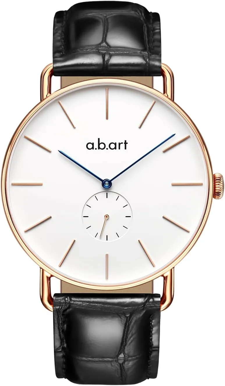 a.b.art Men's Watch 41mm White Dial Rose Gold Case Swiss Parts Ronda Quartz Movement Sapphire Crystal Leather Strap for Business and Casual FR41-001-17L