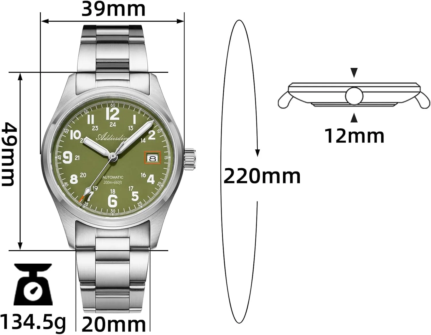 ADDIESDIVE Mens Automatic NH35A Movement Sapphire Analog Watch - 200M Waterproof Stainless Steel Business Watch