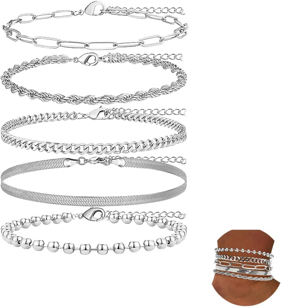 Adjustable Waterproof Layered Anklets Bracelets for Women Summer Beach Jewelry Cuban Link Chain Anklets Set Herringbone Paperclip Beaded Snake Chain Stackable Anklet Bracelet