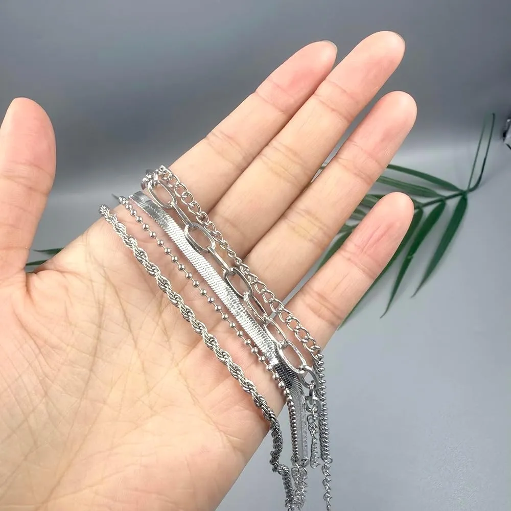 Adjustable Waterproof Layered Anklets Bracelets for Women Summer Beach Jewelry Cuban Link Chain Anklets Set Herringbone Paperclip Beaded Snake Chain Stackable Anklet Bracelet