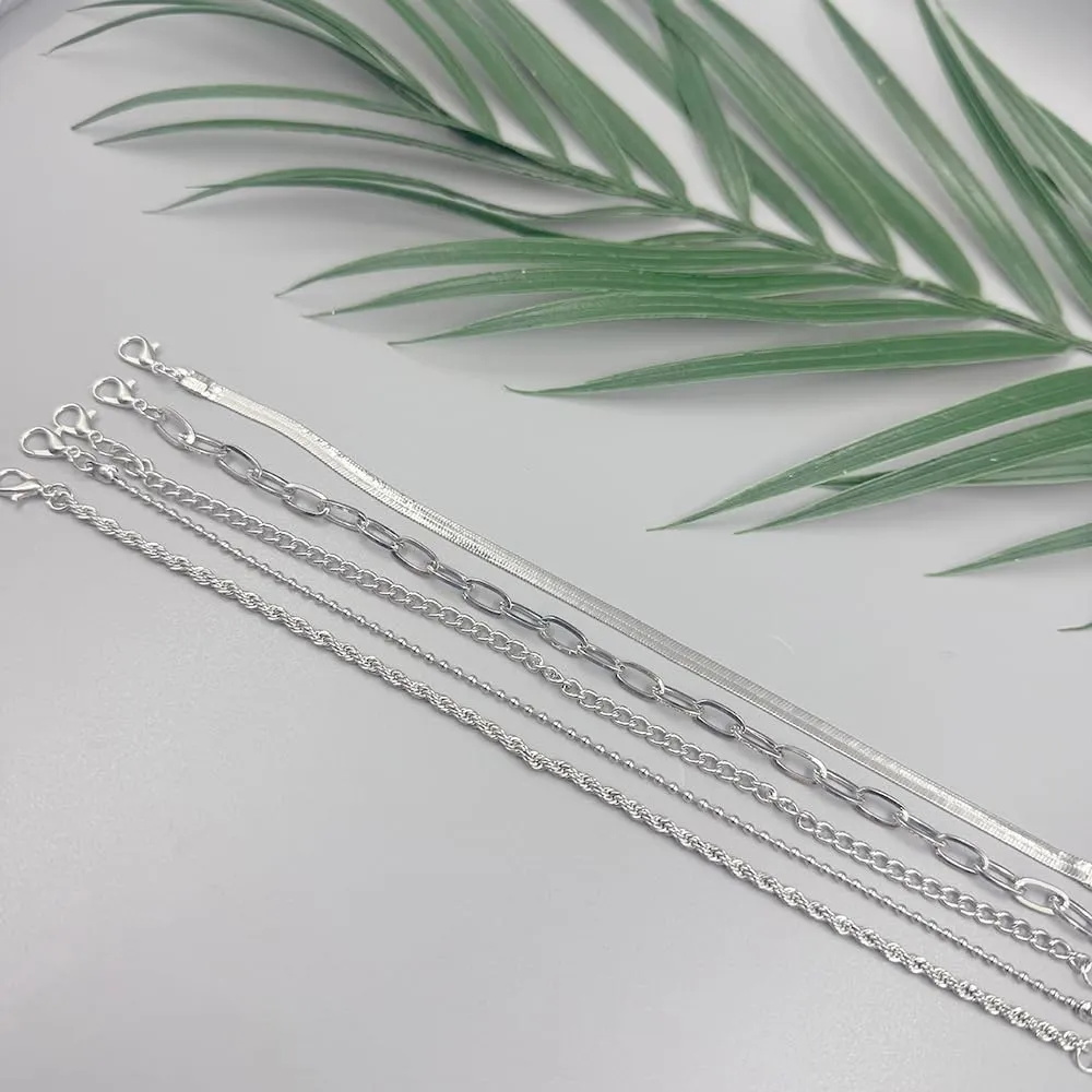 Adjustable Waterproof Layered Anklets Bracelets for Women Summer Beach Jewelry Cuban Link Chain Anklets Set Herringbone Paperclip Beaded Snake Chain Stackable Anklet Bracelet