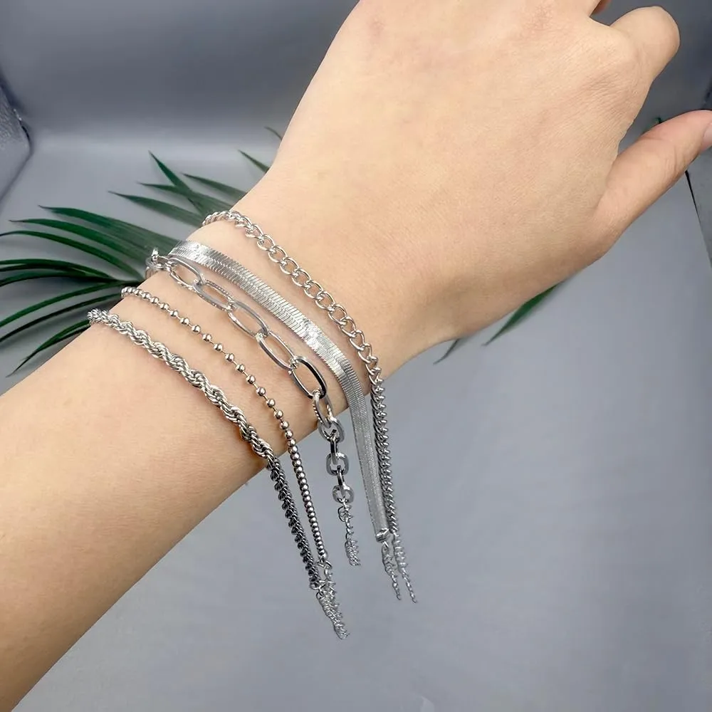 Adjustable Waterproof Layered Anklets Bracelets for Women Summer Beach Jewelry Cuban Link Chain Anklets Set Herringbone Paperclip Beaded Snake Chain Stackable Anklet Bracelet