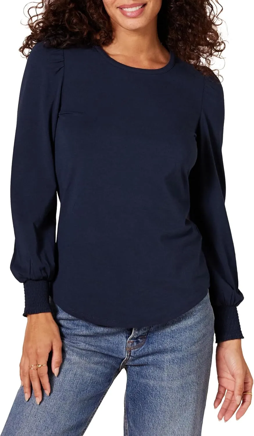 Amazon Essentials Women's Long-Sleeve Crewneck Smocked Cuff T-Shirt