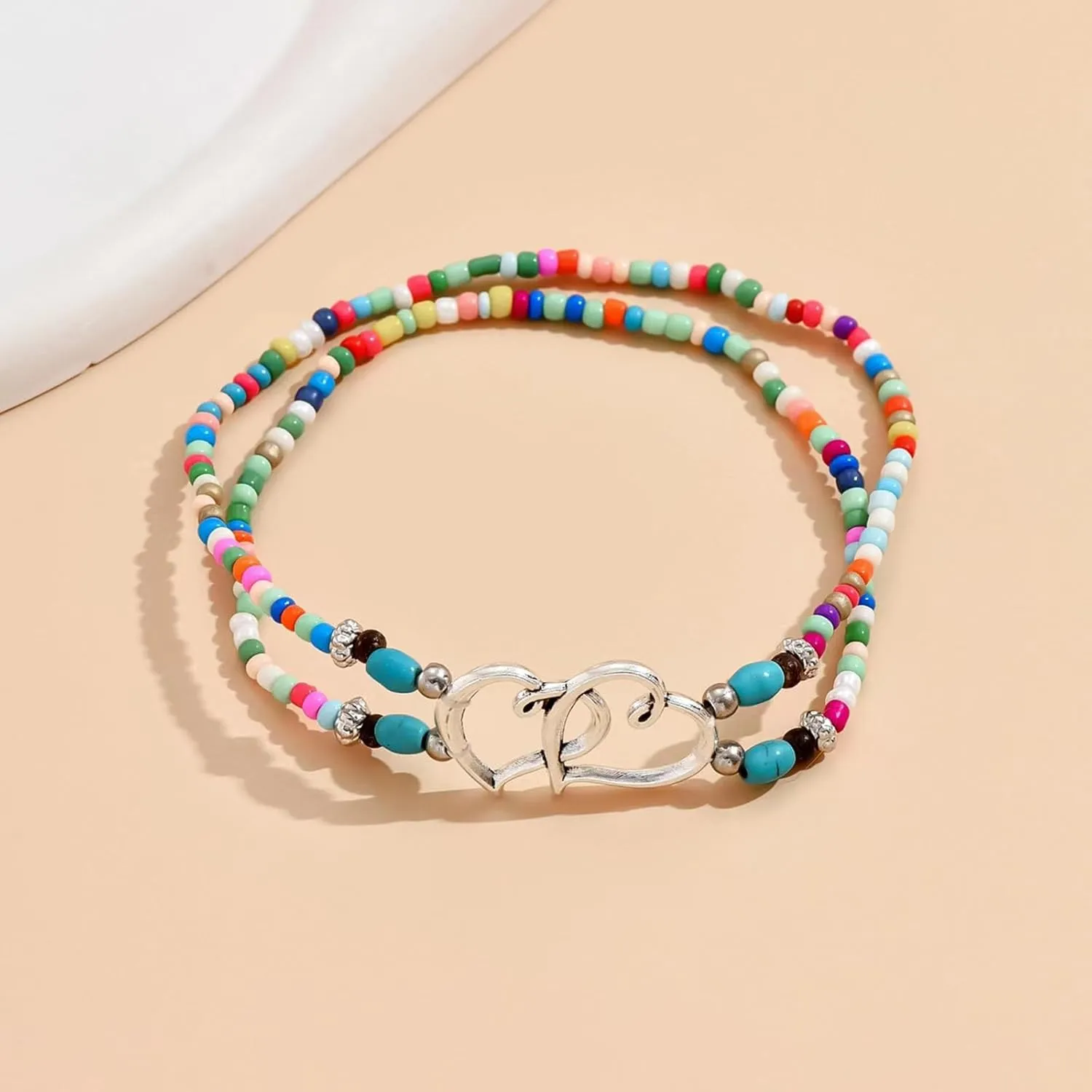 Ankle Bracelets for Women Waterproof Elastic Heart Anklet Stretchy Ankle Bracelets Colorful Beaded Anklets Boho Ankle Bracelets Silver Beach Anklet Jewelry Accessories for Summer