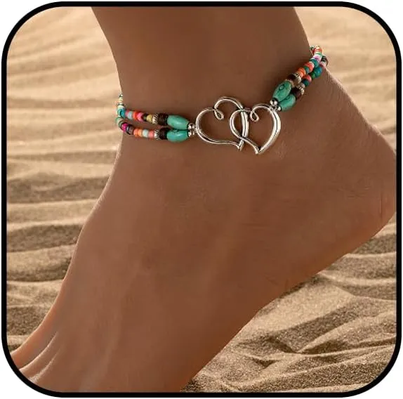 Ankle Bracelets for Women Waterproof Elastic Heart Anklet Stretchy Ankle Bracelets Colorful Beaded Anklets Boho Ankle Bracelets Silver Beach Anklet Jewelry Accessories for Summer